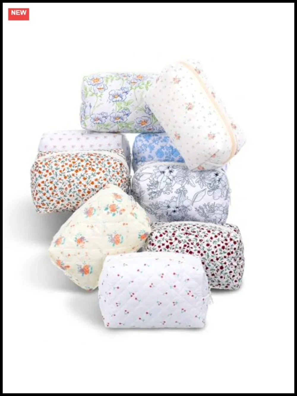 Floral Quilted Cosmetic Bag Set of 10, Cotton Travel Toiletry Organizer with